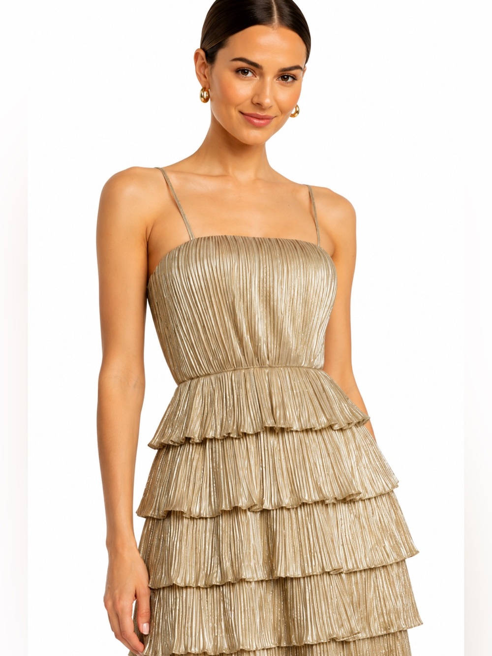 NWT $595 Zac Posen Metallic Pleated Mini Dress Champagne Gold Size 8